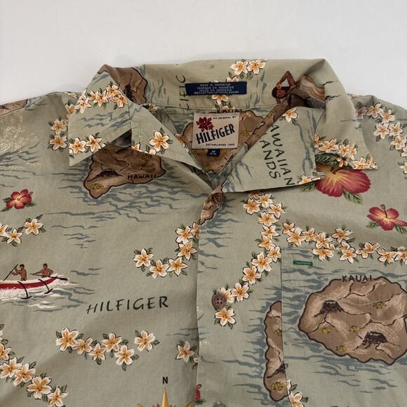 VTG Hilfiger Hawaiian Islands Shirt Multicolor Short Sleeve Aloha Camp Medium - Picture 2 of 11